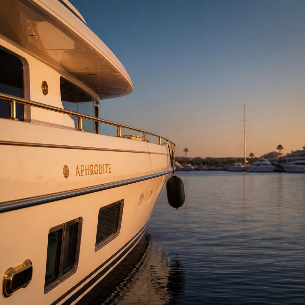 Yacht moored at marina at golden hour